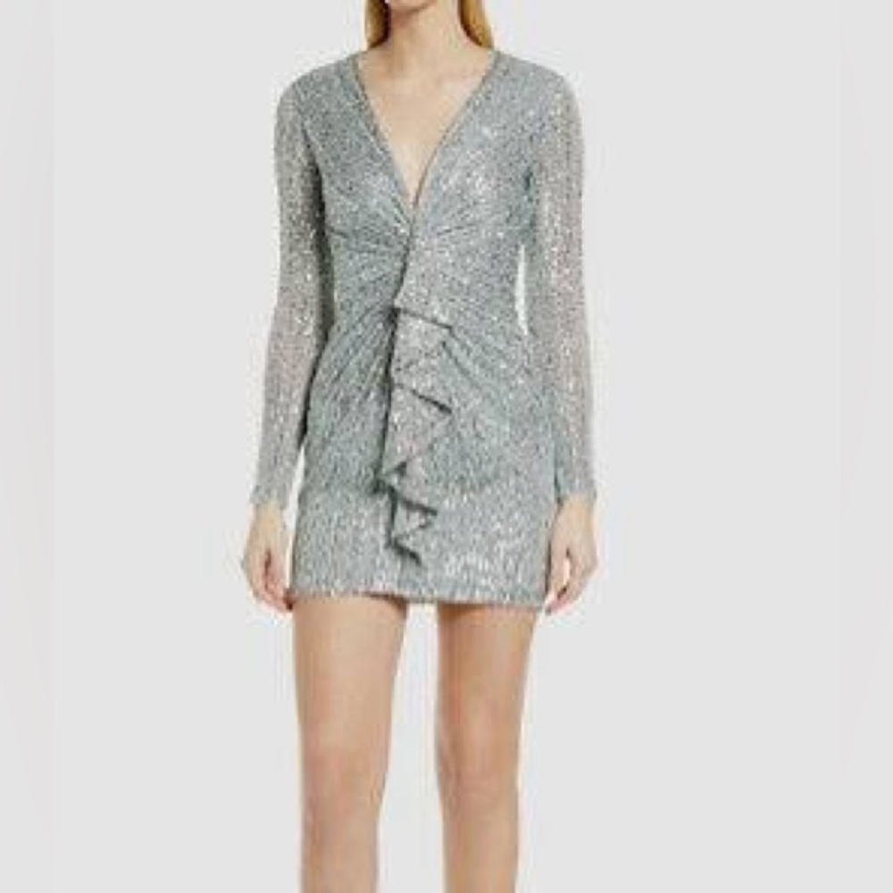 Sho by Tadashi Shoji Women's V neck mini Blue Ruffle Sequin Long Sleeve dress 14